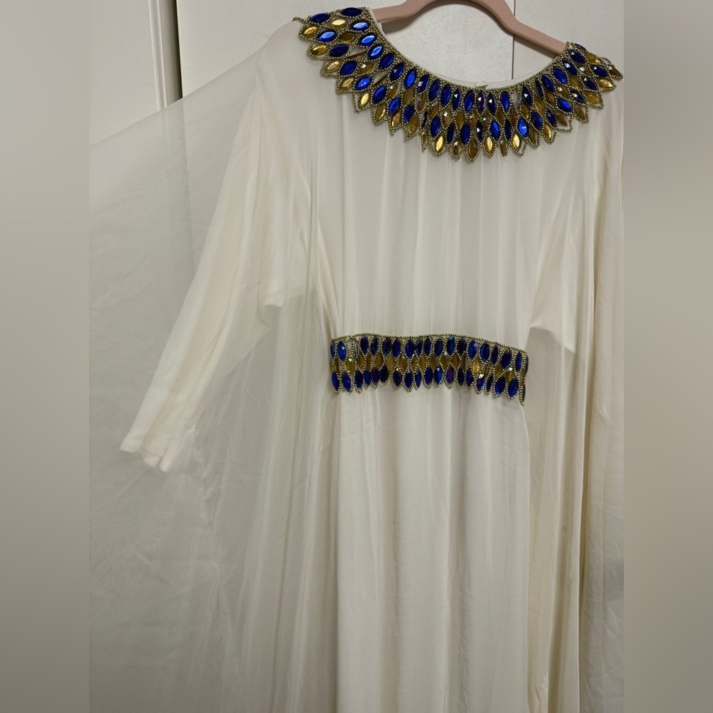 Embellished Ivory Maxi Dress with Blue & Gold Accents - Picture 6 of 7